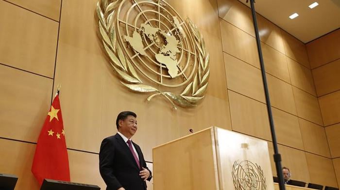 中国国家主席习近平在日内瓦联合国万国宫演说，2017年1月18日。